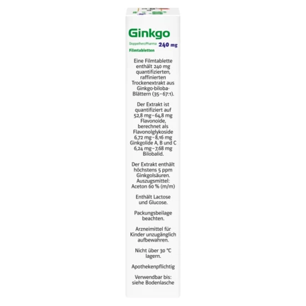 Abbildung der Produktverpackung DoppelherzPharma Ginkgo DoppelherzPharma 240 mg Filmtabletten Seitenansicht rechts